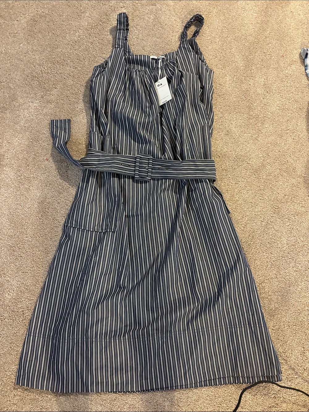 Striped Belted Midi Dress - Navy & White